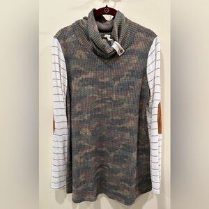 7th Roy - Camo Cowl Neck Sweater with Striped Sleeves